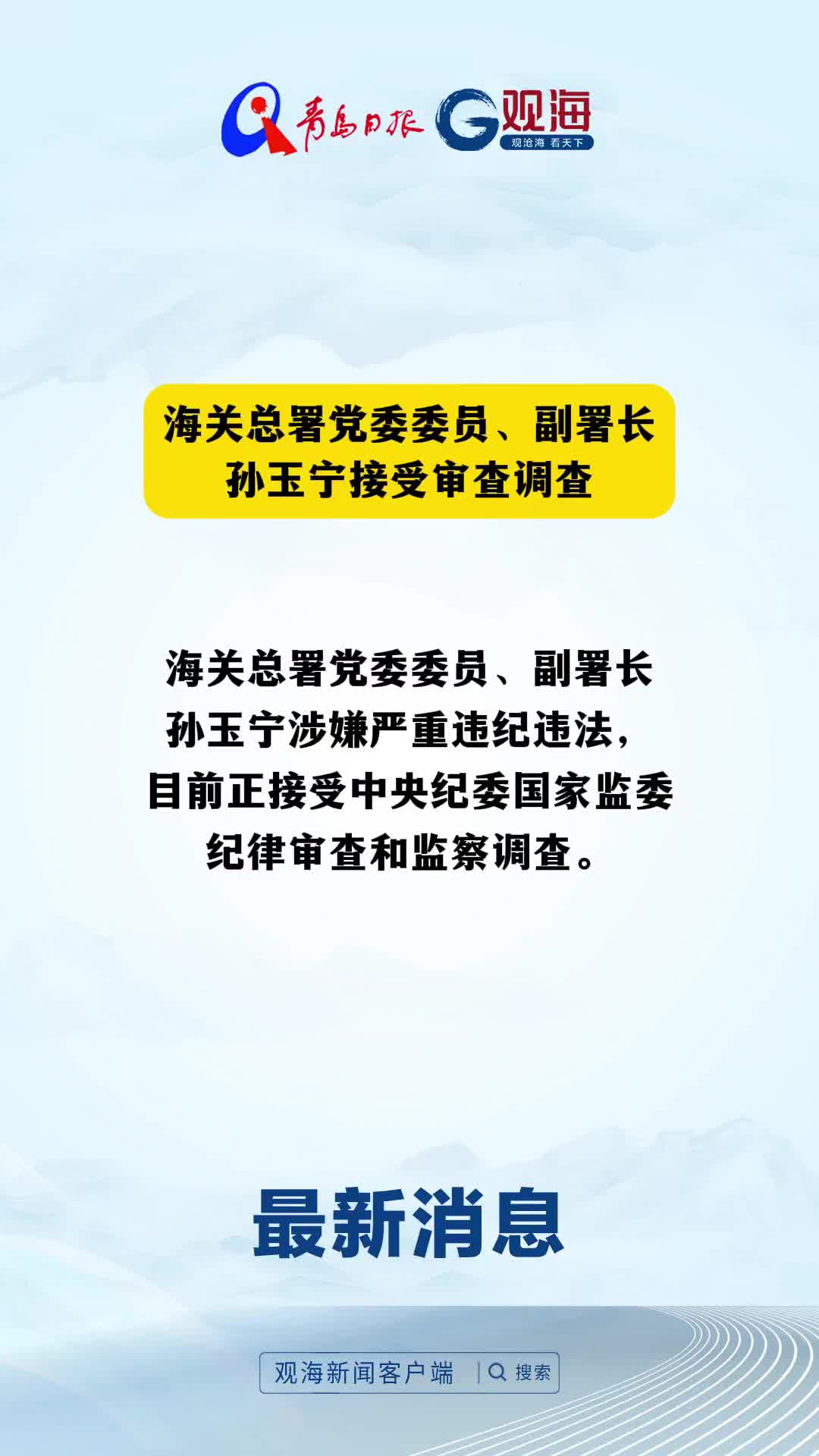 海关总署党委委员、副署长孙玉宁接受审查调查