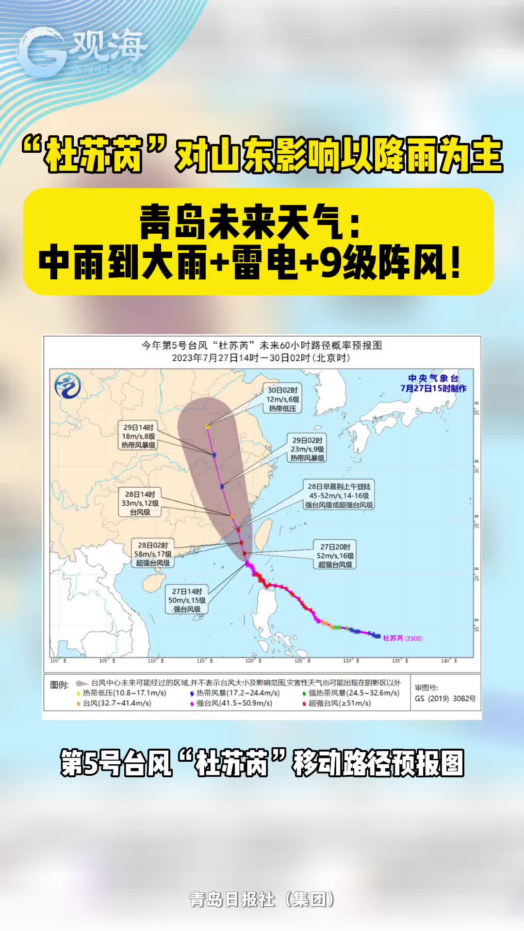 “杜苏芮”对山东影响以降雨为主，青岛未来三天有中雨到大雨+雷电+9级阵风