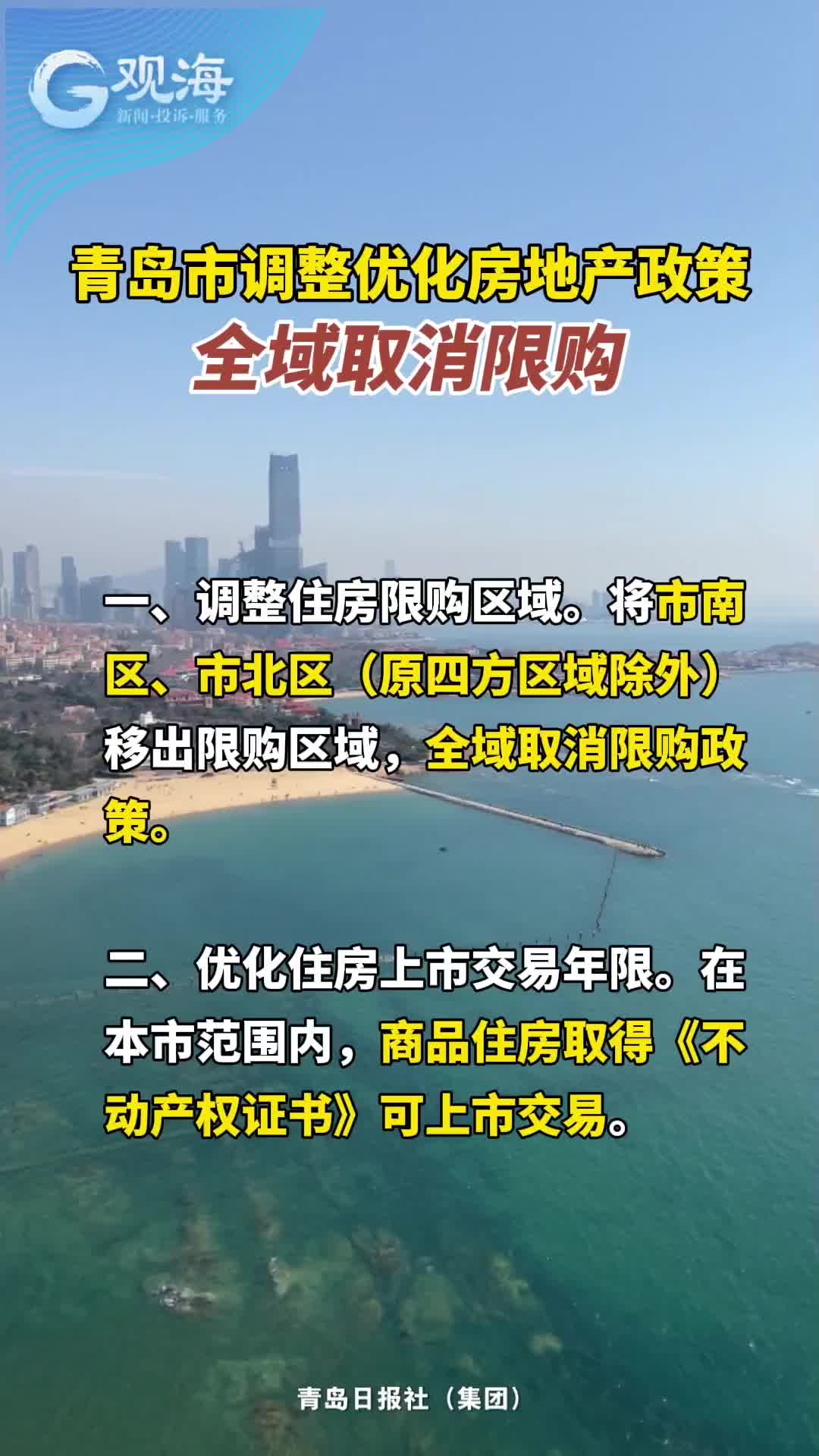 青岛市调整优化房地产政策：全域取消限购