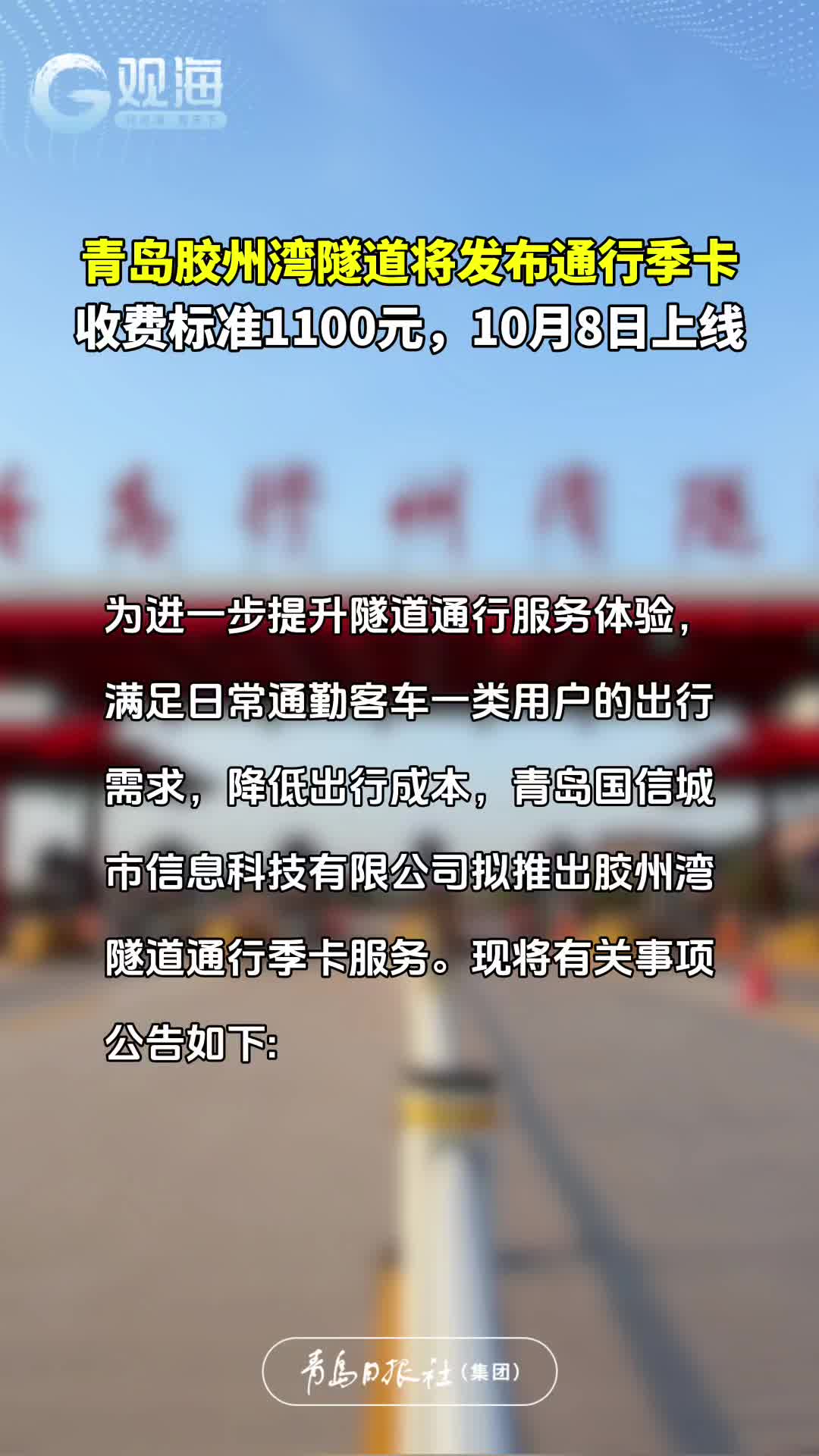 青岛胶州湾隧道将发布通行季卡，收费标准1100元，10月8日上线