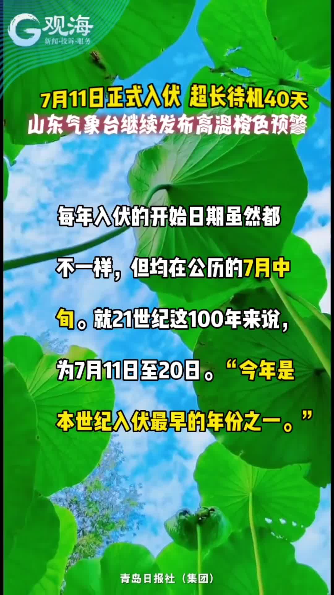 7月11日正式入伏，超长待机40天，山东气象台继续发布高温橙色预警。