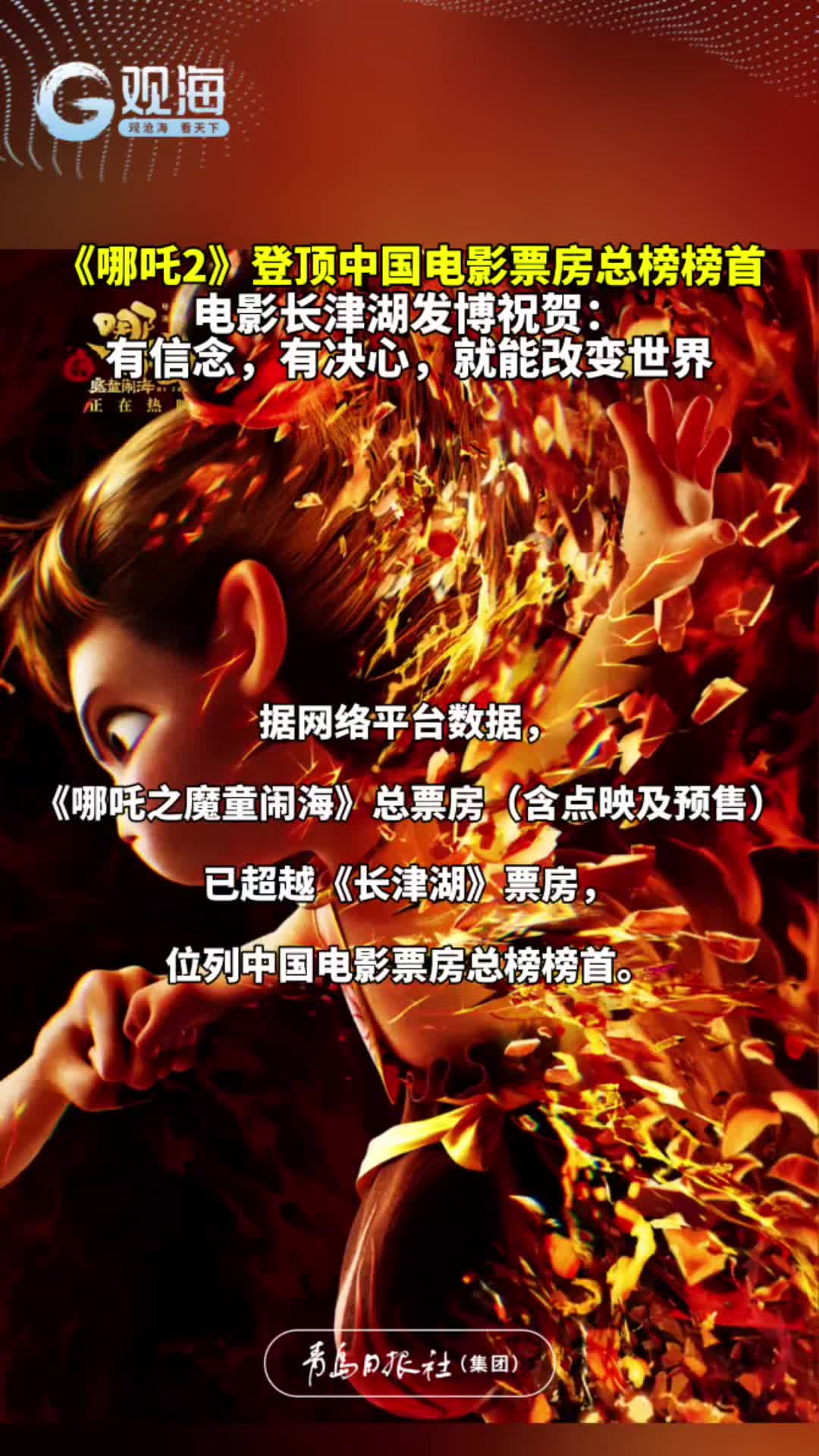 《哪吒2》登顶中国电影票房总榜榜首，电影长津湖发博祝贺：有信念，有决心，就能改变世界