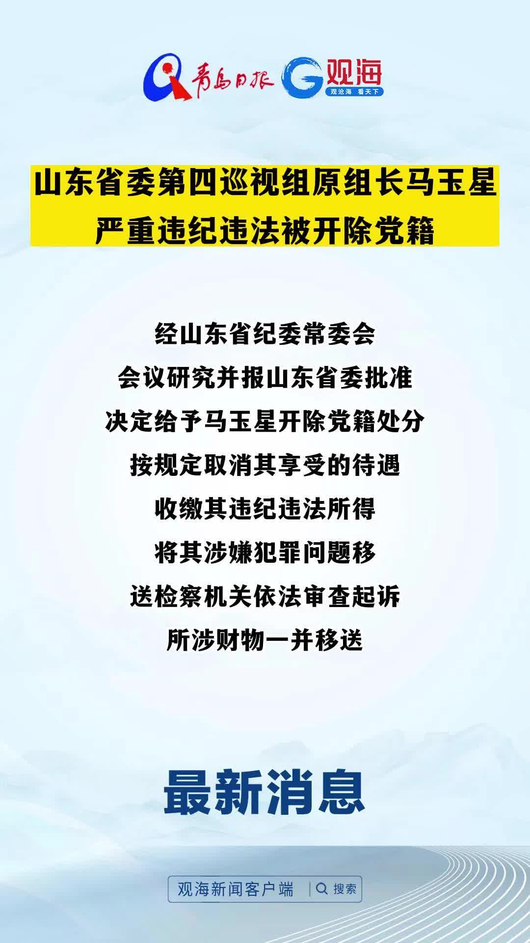 山东省委第四巡视组原组长马玉星严重违纪违法被开除党籍