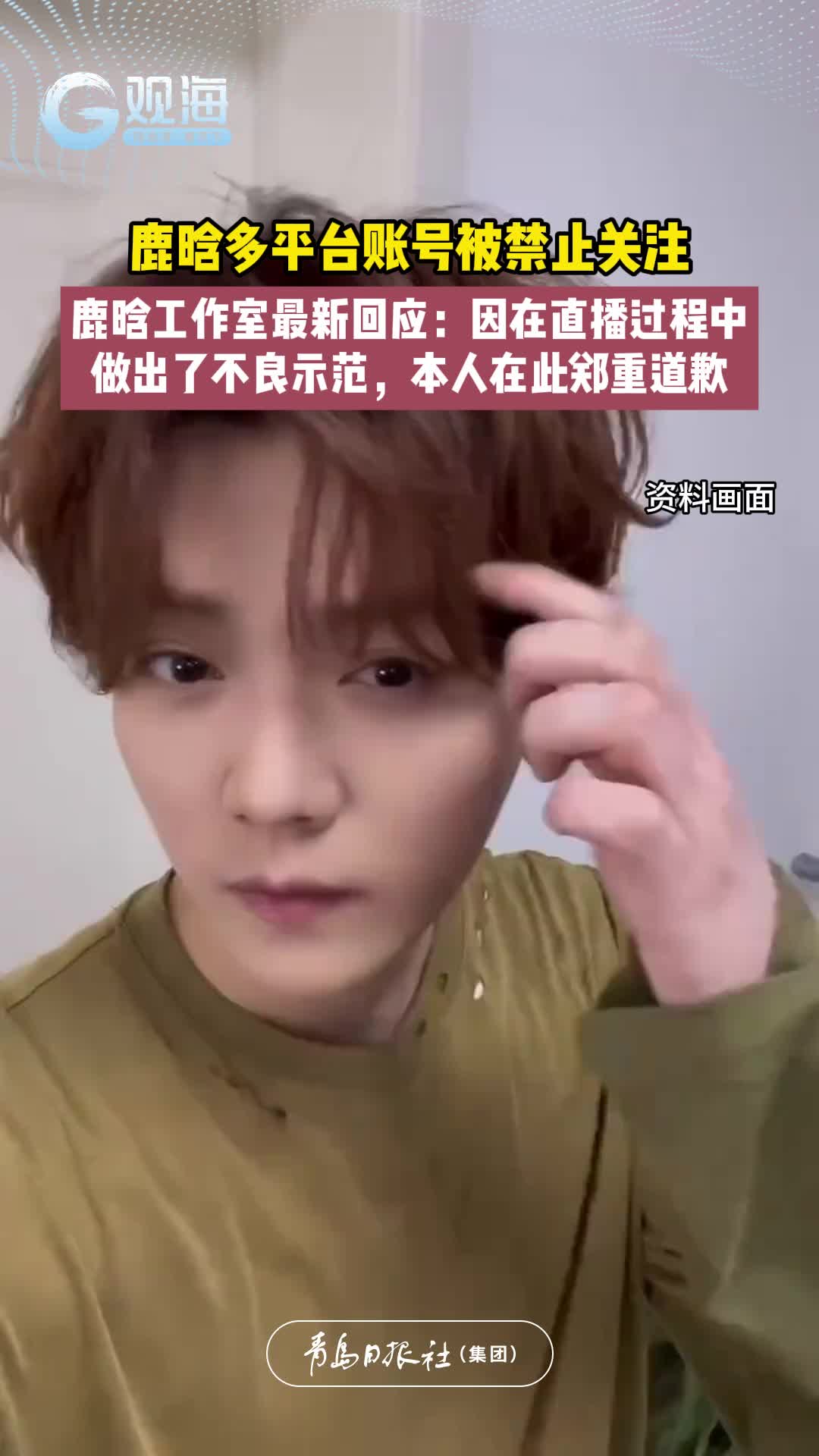 鹿晗多平台账号被禁止关注，鹿晗工作室最新回应：因在直播过程中，做出了不良示范，本人在此郑重道歉