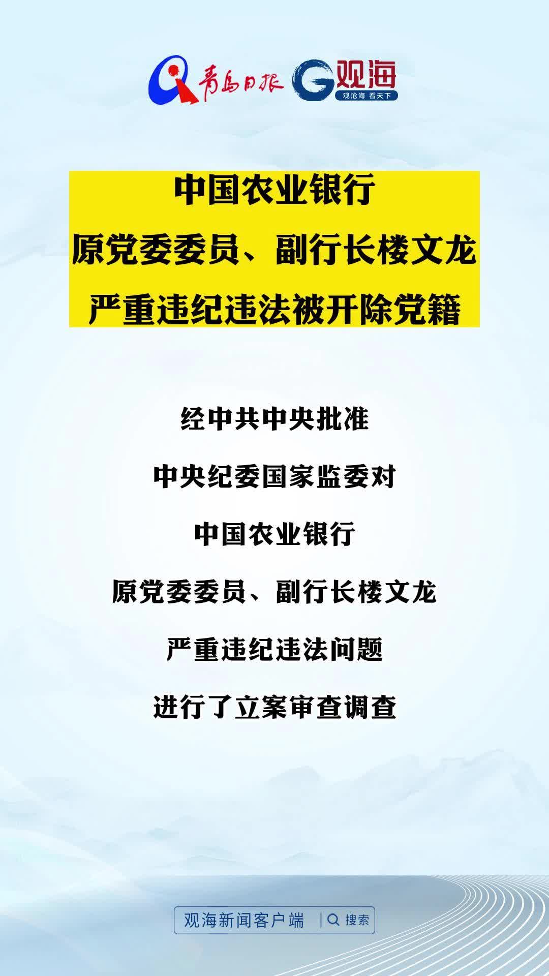 中国农业银行原党委委员、副行长楼文龙严重违纪违法被开除党籍