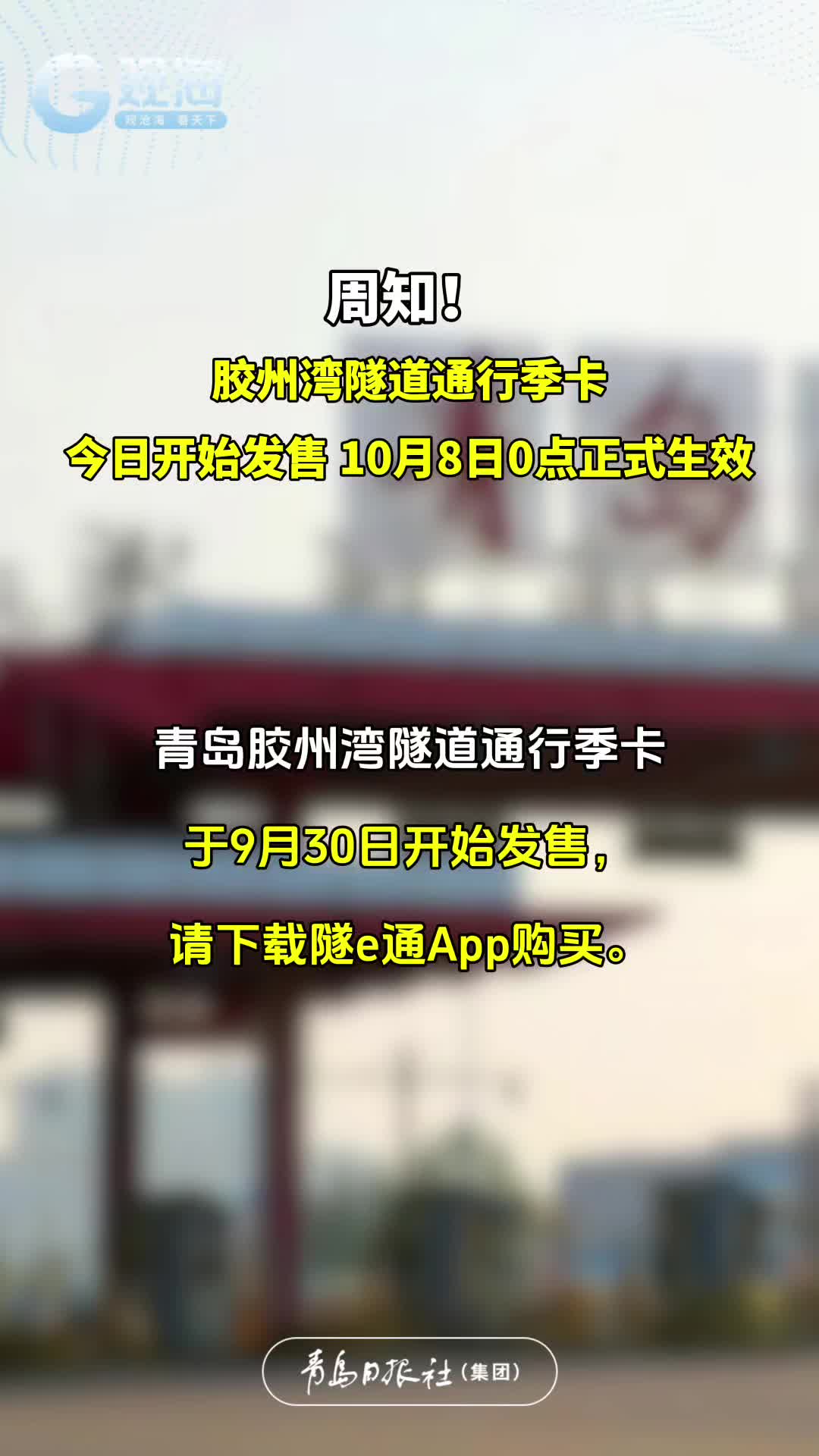 周知！胶州湾隧道通行季卡今日开始发售，10月8日0点正式生效