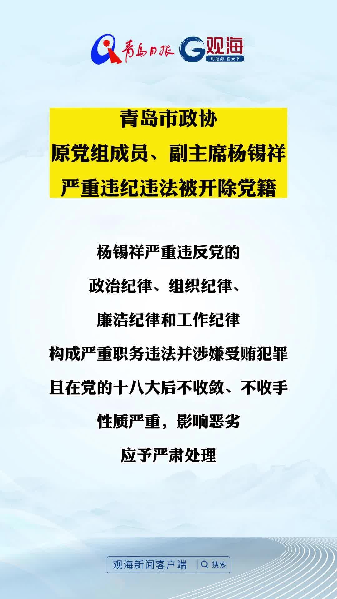 青岛市政协原党组成员、副主席杨锡祥严重违纪违法被开除党籍